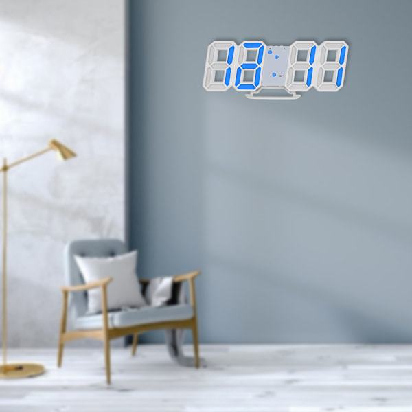 3D Digital LED Væg Ur Alarm Nummer Tid Display USB Opladning Hjem Ure (blå)