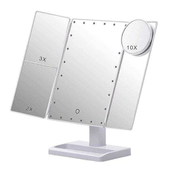 Kolmiosainen peili 22 LED-valolla, 10X/3X/2X suurennus kannettava kokoontaitettava valaistu pöytäpeili