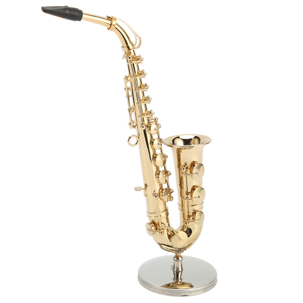 Mini altsaxofon ornament dekoration Håndlavet miniature saxofon med stativ Lille altsaxofon dukkehus 16 cm