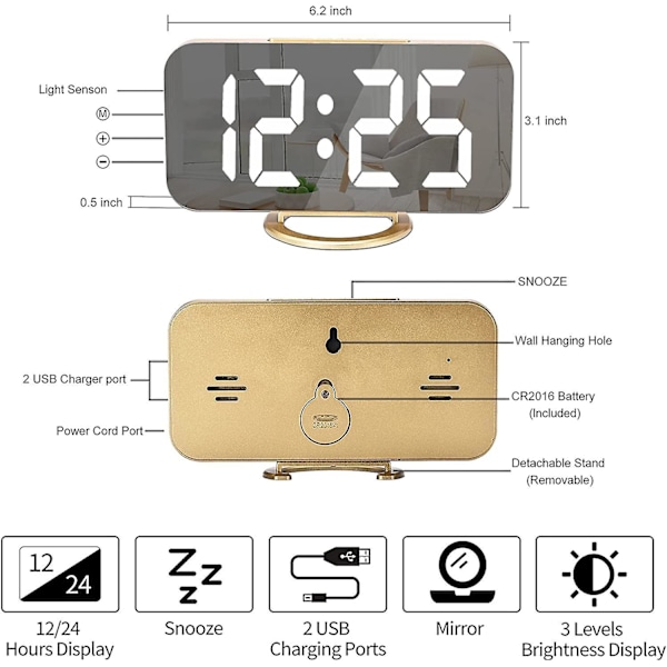 Spegel LED Digital Väckarklocka 6 Tum med Dubbla USB-laddare Automatisk Ljusstyrka Enkel Sovfunktion Perfekt för Sovrum Sängbord