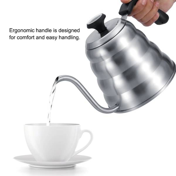 Kaffe-tekanne med drypp i rustfritt stål med svanehals og innebygd termometer 1,2L
