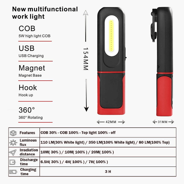 Uppladdningsbar LED-arbetslampa, 2-i-1 inspektionslampa med 360 graders rotation och 5W COB LED-ficklampa, magnetisk bas och krok för M