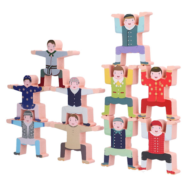 Træstablingsspil til småbørn og børn - Interlocking Balancing Blocks - Læringslegetøj med etniske figurer