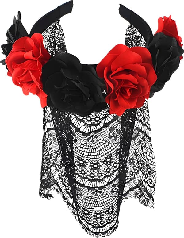 Halloween Gotisk Blomstergirland med Svart Slør Hårbånd Cosplay Bryllup Hodeplagg Kostyme Hodeplagg Tilbehør Red/Short