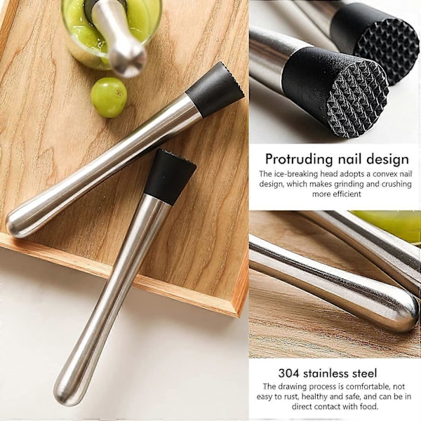 Cocktail Muddler Rustfritt Stål 21cm Mojito Knuser med Rillet Nylonhode Bar Stav Fruktmikser