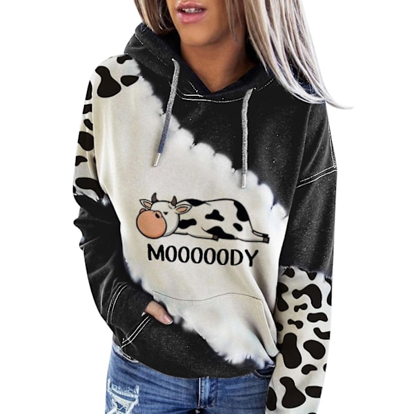 Sød ko-print damehættetrøje - afslappet langærmet sweatshirt til efterår, vinter og forår M