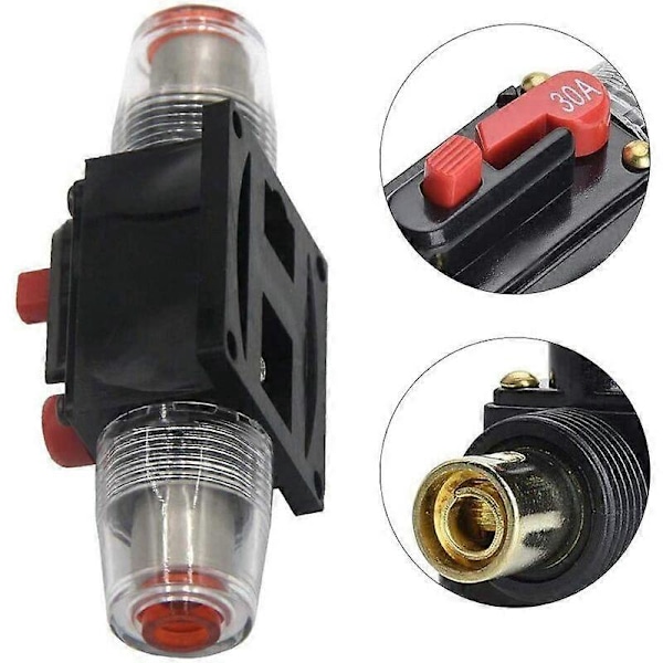 30A Strømbryter, 12V-24V DC Inline Sikringsholder, Manuell Reset Bryter Bilstereo Sikring, Inline Sikringsblokk Lydsystembeskyttelse (30A)