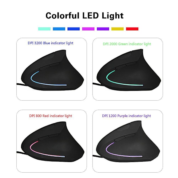 Ergonomisk lodret mus med LED-belysning - 1200-3200 DPI - 6 knapper - Sort