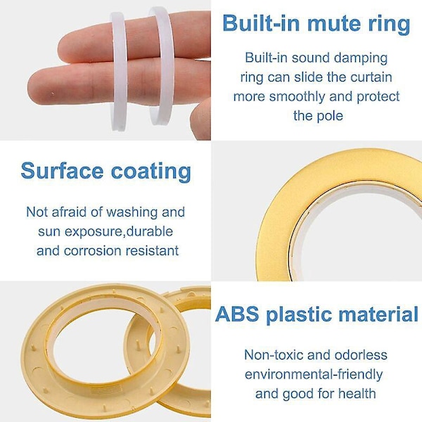 50 stk. Gardinringe - 4,3 Indvendig Diameter - ABS Plast - Lav Støj - Til Øjegardiner - Guld