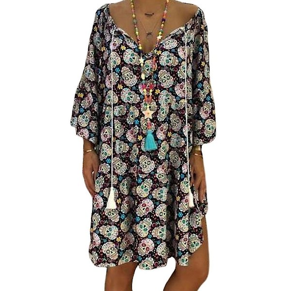 Halloween Skull Flowy T-shirt Kjole til Kvinder Plus Størrelse, V-hals, 3/4 Ærmer XL Purplish Blå