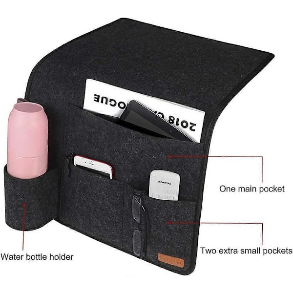 Sängficka Hängande Sänghylla med Flaskhållare Anti-Slip Förvaringsväska för Bok, Tidningar, iPad, Mobiltelefon, Fjärrkontroll - Mörkgrå