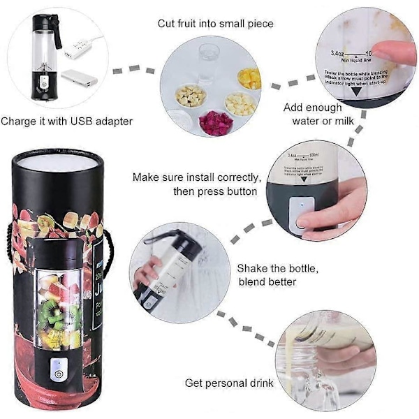 USB Elektrisk Säker Juicekopp, Fruktjuicemixer, Mini Portabel Uppladdningsbar /Juiceblandare Is-kross, 350-420ml Vattenflaska (Svart)