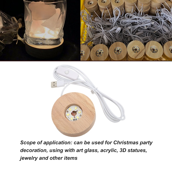 LED-ljusbas USB -gränssnitt Ek Trämaterial Rund 2cm/0.8in Tjocklek Glödande dekorativ displaylampa för hem 5V ljusbas vit White