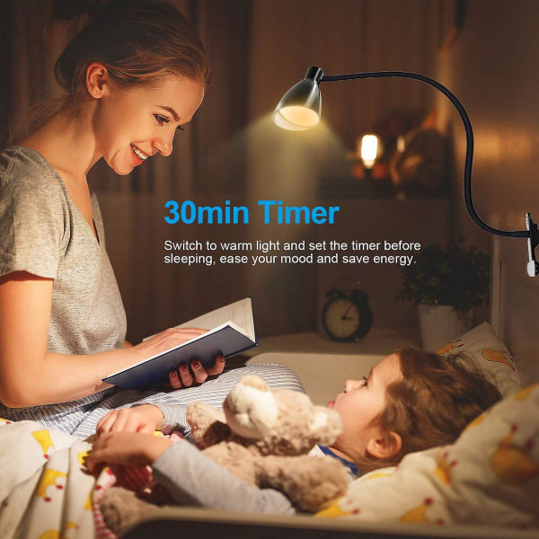 Dæmpbar LED-klemmelampe til småbørnsseng med automatisk sluk, 360° fleksibel hals og hukommelsesfunktion - sort