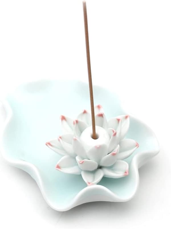 Incense Holder Ceramic Handmade Artistic Incense Burner Stick Coil Lotus Ash Catcher Buddhist Water Lily Plate (Light Blue)