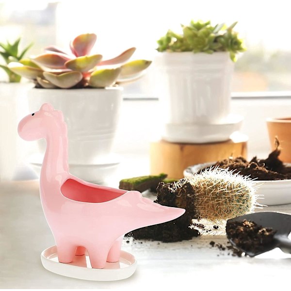 Keramisk Dinosaur Sukkulentplantepotte med dreneringshull og skål - Rosa, Elegant Stil