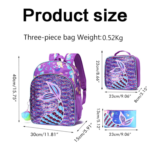 3 i 1 Kid Bokväskor Set Flickor Sjöjungfru Paljetter Ryggsäck med Lunchväska Case för Skol Utomhus Resor Camping Picknick