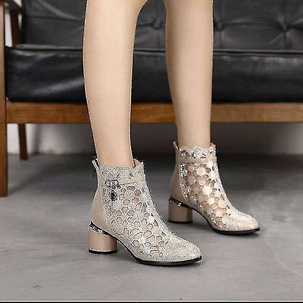 Mesh Hollow Chunky Heel Ankle Boots Kvinde Mode Sandaler39 GULD