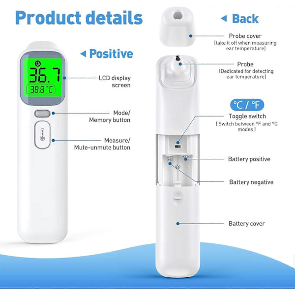 3 i 1 infrarødt pandetermometer kontaktfrit pandetermometer med feberalarm, baggrundsbelyst quadricolor digitalt display, voksentermometer med mig