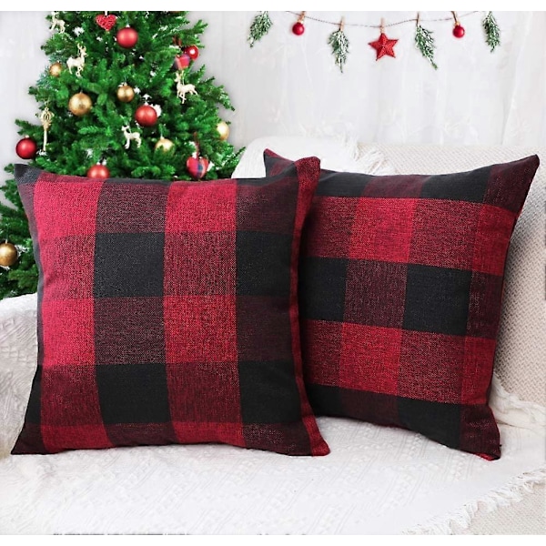 Sæt med 2 stykker bondegårds buffalo gingham ternet pudebetræk pudebetræk polyester linned jule hjem dekoration rød og sort, 45 x 45 cm