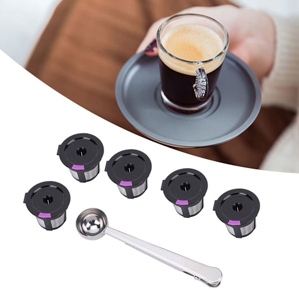 5 st Hushållspåfyllningsbar kaffekapselkopp med sked passform för Keurig 2.0 KCUP kaffemaskin