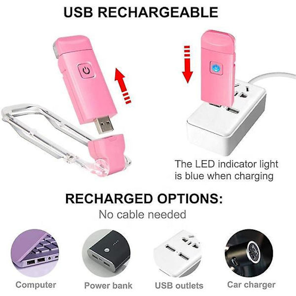 Bärbar USB-uppladdbar LED-boklampa med klämma, 3 dimbara ljusstyrkor för ögonskydd, rosa