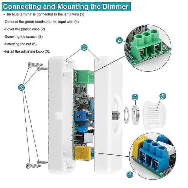3-100W LED bakkantdimmer (vridbryterdimmer), brukes for dimbare LED, glødelamper, halogenlamper, 220-240V, CE-plugg, hvit