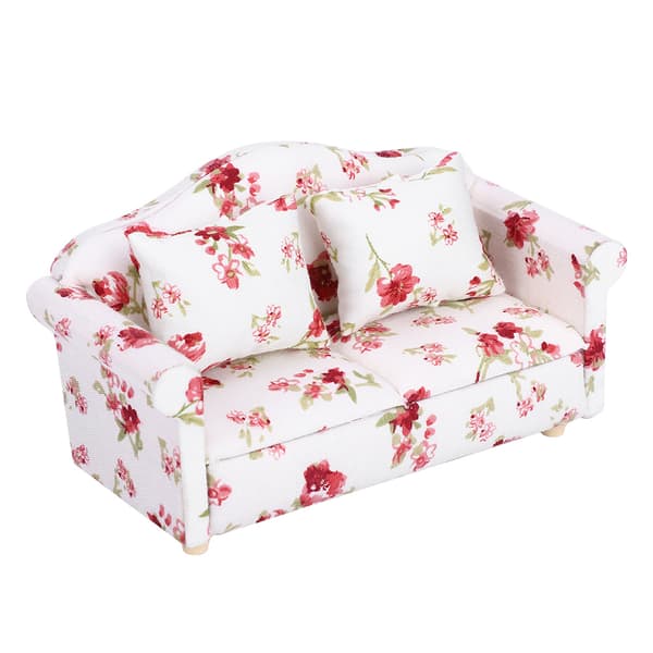 Dukkehus Tilbehør Blomstermønster Mini Møbler Dobbelt Sofa til 1/12 Skala Dukke (#1)