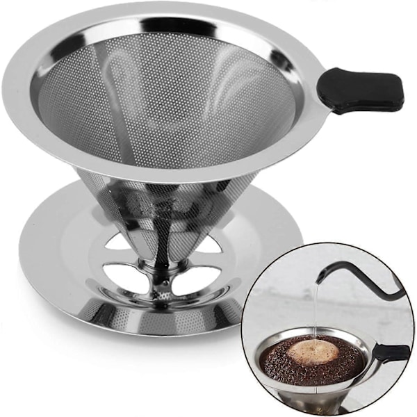 Gjenbrukbar Kaffefilter i Rustfritt Stål, Papirløs Dryppekjegle, Kjøkkenverktøy med Stativ, Egnet for Manuell Kaffemaskin, 1-3 Kopper