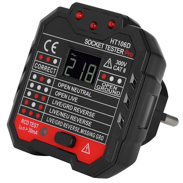 HT106D Digital Display Socket Detector Bærbar Fase Strøm Polaritet Tester EU Plugg 110-220V