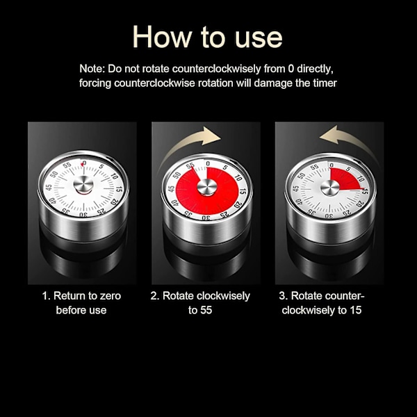 Mekanisk Timer, Magnetisk Timer, 60 Minutters Nedtællingstimer med Lydalarm og Rustfri Stålramme til Køkken