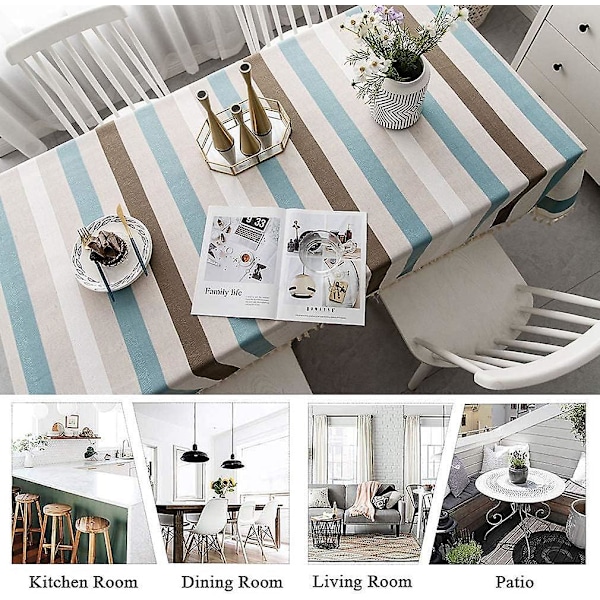 Randig blå och vit rektangulär duk med pompomdekoration 140x300cm