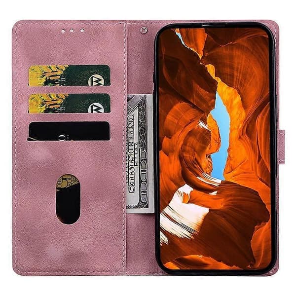 Kompatibel med iPhone 16 Läderfodral Präglat Rutigt Mönster Plånboksställ Flip Telefonfodral Pink