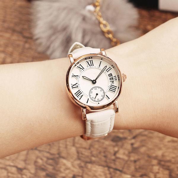 Sanda Dame Analog Rund Kvarts Lærrem Dato Klokke Klassisk Armbåndsur (Hvit stropp) White Strap