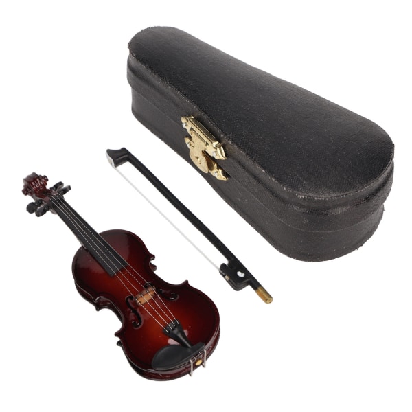 Miniatyrfiolin i tre med stativ bue og etui Minimusikkinstrument Dukkehus modelldekorasjon 10 cm