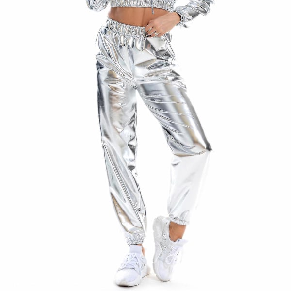 Glittrande Holografiska Streetwearbyxor för Kvinnor för en Cool Klubblook M Silver