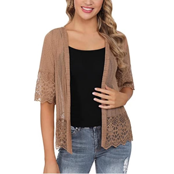 Genomskinlig spets Bolero med korta ärmar och öppen framsida för kvinnor - Sommar Casual Cover Up S Auburn