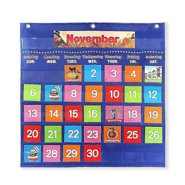 Klasserom Kalender Lommediagram, Skolekalender for Barn Læring Hjemme, Hjemmeskole Klasseromsutstyr for Lærere Barneskole (blå)