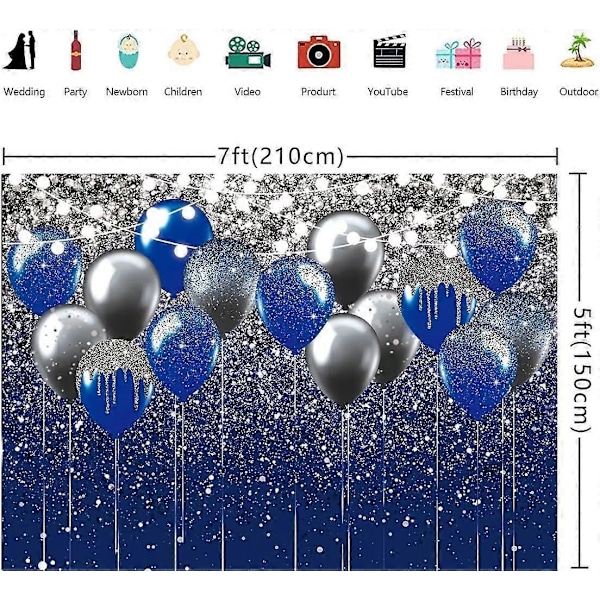 Kuninkaansininen paljettitausta syntymäpäivä häät tanssiaiset tausta hopea sininen ilmapallo valokuvaus pojalle miehelle 7x5ft