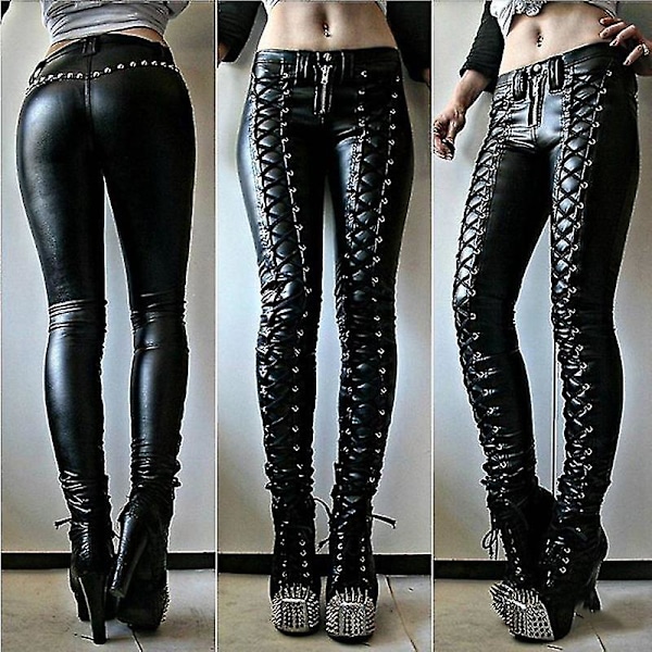 Gotiska Punk Röda Konstläder Skinny Leggings för Kvinnor L