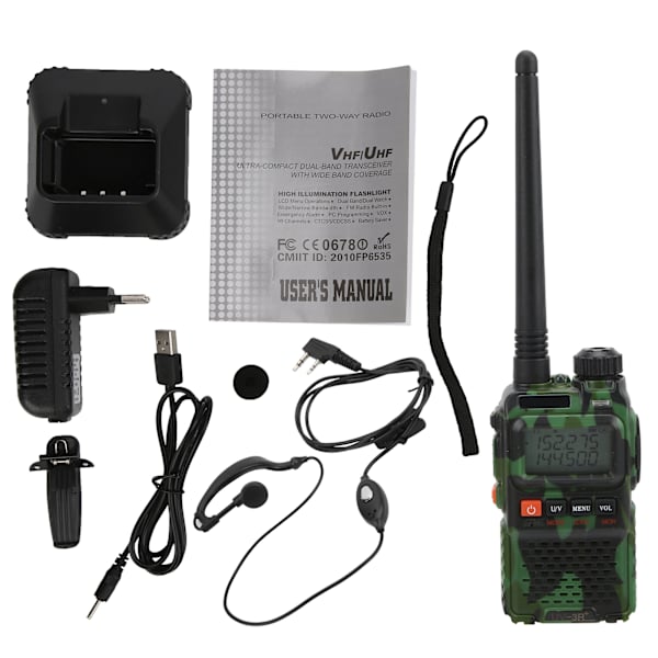 Bärbar Walkie Talkies Set Handhållen LCD-display Walky Talky med Hörlurar 100‑240VGrön EU-kontakt 100‑240V