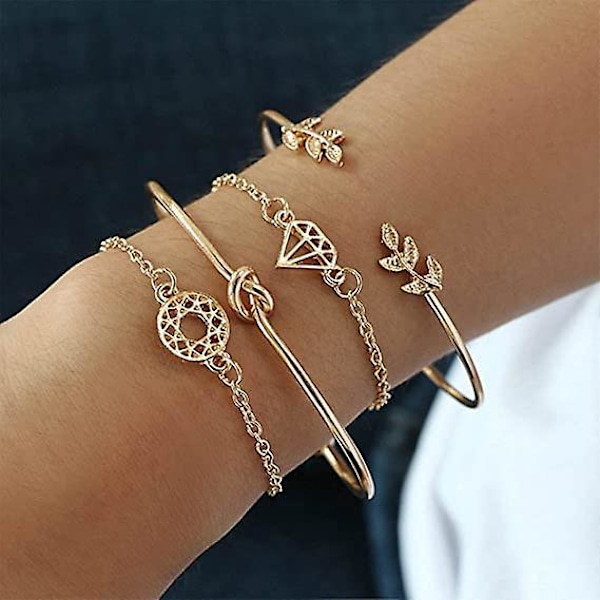 4 stk. lagdelte armbånd til kvinder, guld olivenblad knude stablebare armbånd justerbare boho charme armbånd smykker til teenagepiger