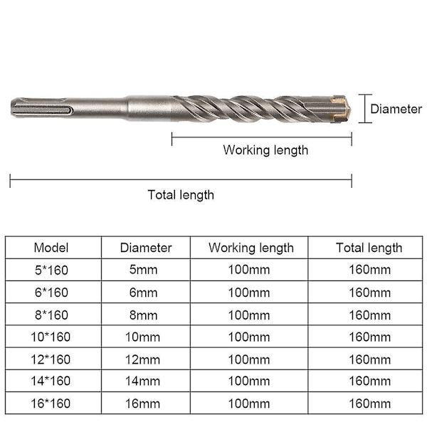 Betongbor, 9 stk (5mm~16x160mm) Flisbor, SDS-plus Elektrisk Hammerbor for Hammerbor, Kryssbor for Betong, Murstein, St