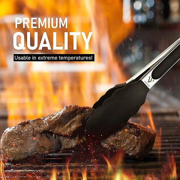 Premium Kökstänger, Grilltänger, Köksredskap i Rostfritt Stål och Silikon, Halkfria Värmebeständiga Kökstänger med Låsclip 21cm