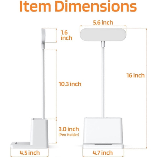 LED Skrivebordslampe med Penneholder, Skrivebordslys for Datamaskin/Skrivebord - Hvit, Oppladbar, Øye-vennlig, Fleksibel Svanenhals - Nattbordslampe