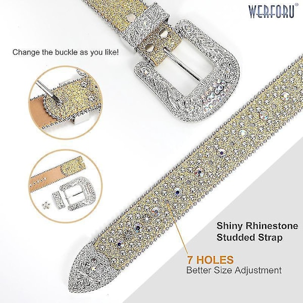 Studded Rhinestone Leather Belt for Western Cowboy Cowgirl Jeans 105cm(41Inch) Golden