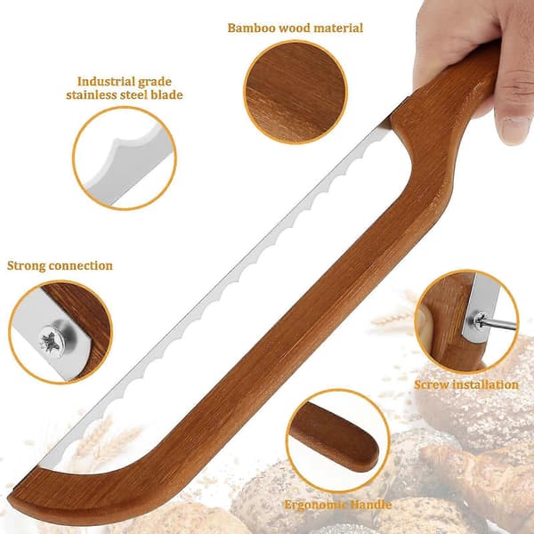 Bread Bow Cutter Serrated Bagel Slicer Stainless Steel Sourdough Bread Cutter Portable Bread Slicing Tool with Bamboo Handle