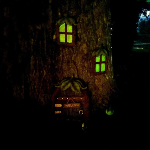 Eventyrdør og vinduer til træer - Miniature eventyrhave med eventyrlampe - Selvlysende i mørke
