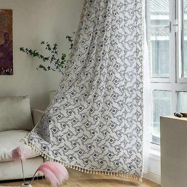 Vintage Blommönster Fönstergardiner med fransar Halv-Mörkläggande Bomullslinne för Matrum Vardagsrum Sovrum (Blomma, 59\"x110\")