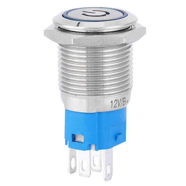 Blå LED platt runt huvud självåterställande metalltryckknappsring med power 16mm(12V)